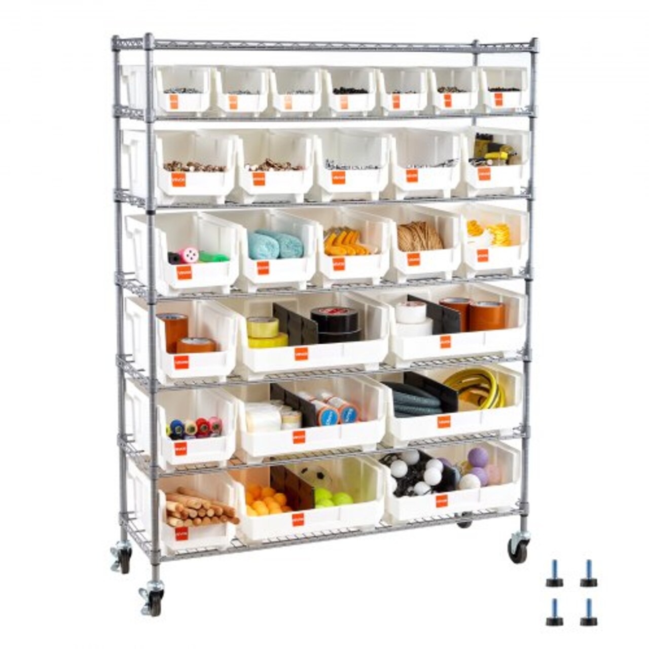Rolling Bin Storage Rack with 24 Organizer Bins Steel Wire Shelf on Wheels